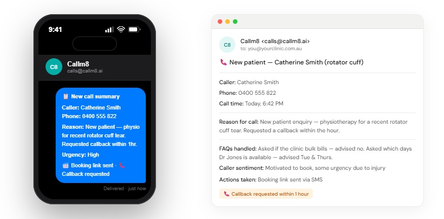 Callm8 SMS and email summary after a call